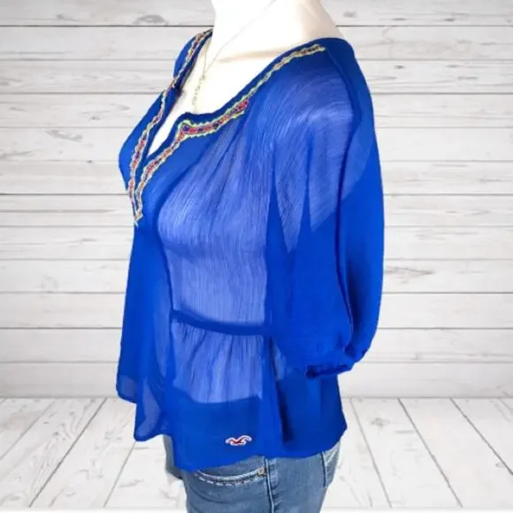 Hollister Embroidered Sheer Top Womens Size XS Blue Boho Festival Crinkle - Picture 5 of 11